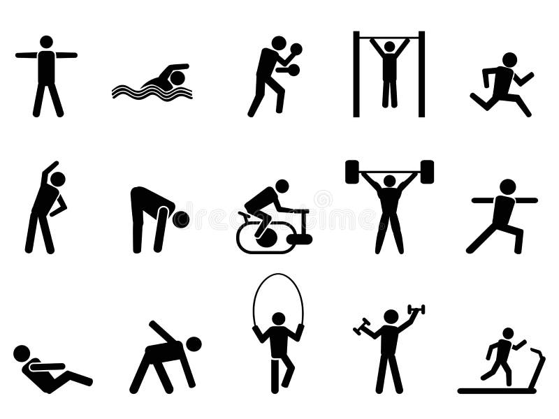 Isolierte schwarze fitness-Menschen-Symbole-set aus weißem hintergrund.