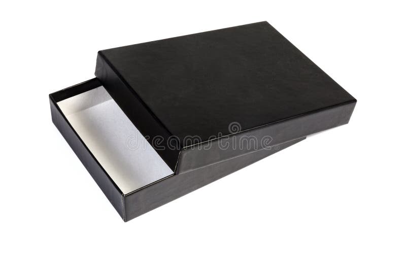 Black Flat Rectangular Cardboard Box with Partly Open Lid Stock Image