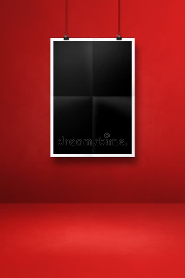 Black Folded Poster Hanging on a Red Wall with Clips Stock Image Image of poster, folded