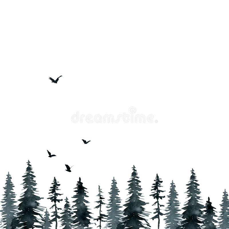 Black gloomy forest if and pine, birds watercolor background royalty free illustration Black gloomy forest if and pine, birds watercolor background royalty free illustration