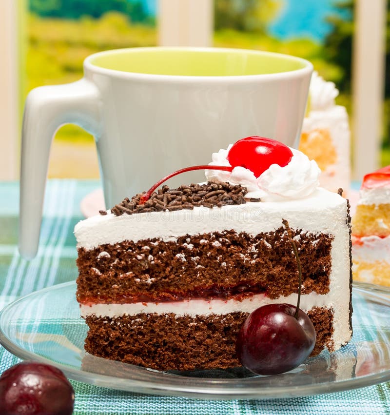 Black Forest Cake Indicates Coffee Break And Beverages