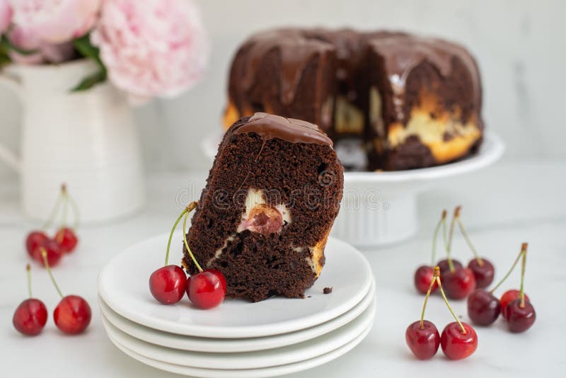 Black Forest Chocolate Cake with Cherry Pie Filling with Dark Chocolate Glaze Stock Image