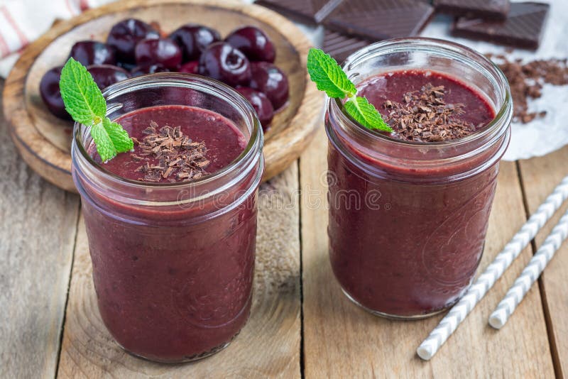 Black forest smoothie with cherry, almond milk and cacao, horizontal royalty free stock image Black forest smoothie with cherry, almond milk and cacao, horizontal royalty free stock image