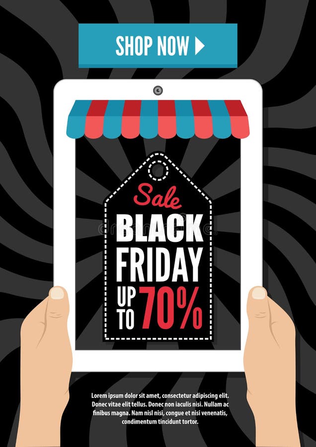 Black Friday design för elektronisk kommers Två händer som rymmer minnestavlan, datorapparat vektor illustrationer Black Friday design för elektronisk kommers Två händer som rymmer minnestavlan, datorapparat vektor illustrationer