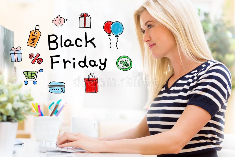 Black Friday med den lyckliga unga kvinnan framme av datoren royaltyfria foton Black Friday med den lyckliga unga kvinnan framme av datoren royaltyfria foton