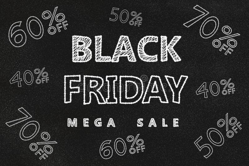 Black Friday mega sale on a black chalkboard. Textured background. stock photo
