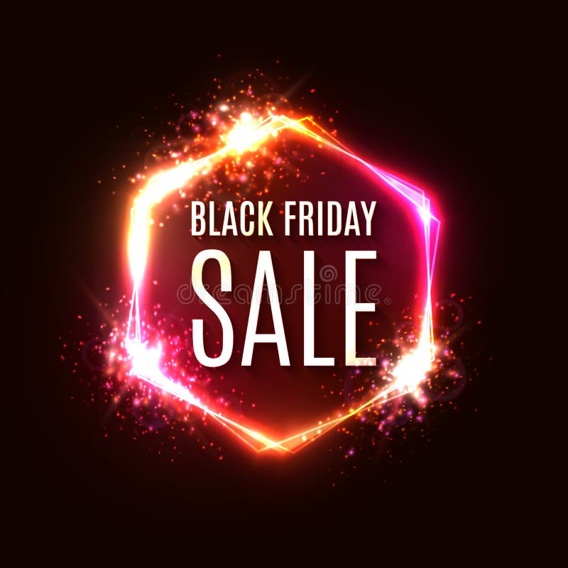 Black Friday neon sign. Banner with explosion effect. Discount card. Black Friday sale design on hexagon background. royalty free illustration Black Friday neon sign. Banner with explosion effect. Discount card. Black Friday sale design on hexagon background. royalty free illustration