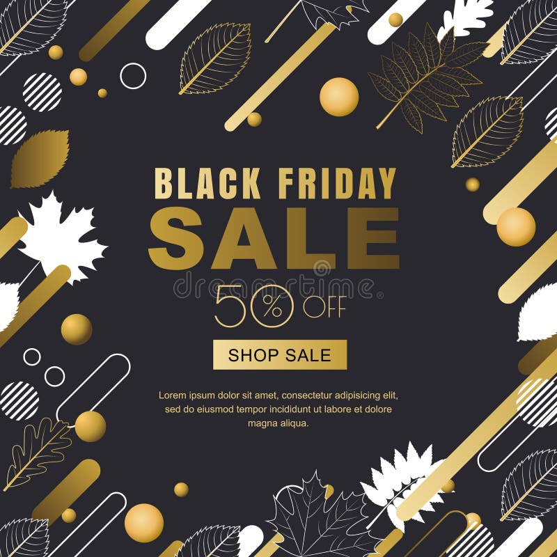 Black friday sale banner. Gold outline fall leaves and motion geometric shapes. Vector autumn poster background. stock illustration Black friday sale banner. Gold outline fall leaves and motion geometric shapes. Vector autumn poster background. stock illustration