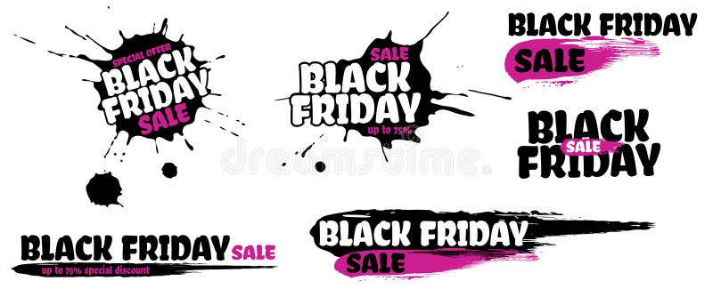 Black Friday Sale grunge sign set. Pink special offer text banner with grunge black ink blob and smear isolated white background