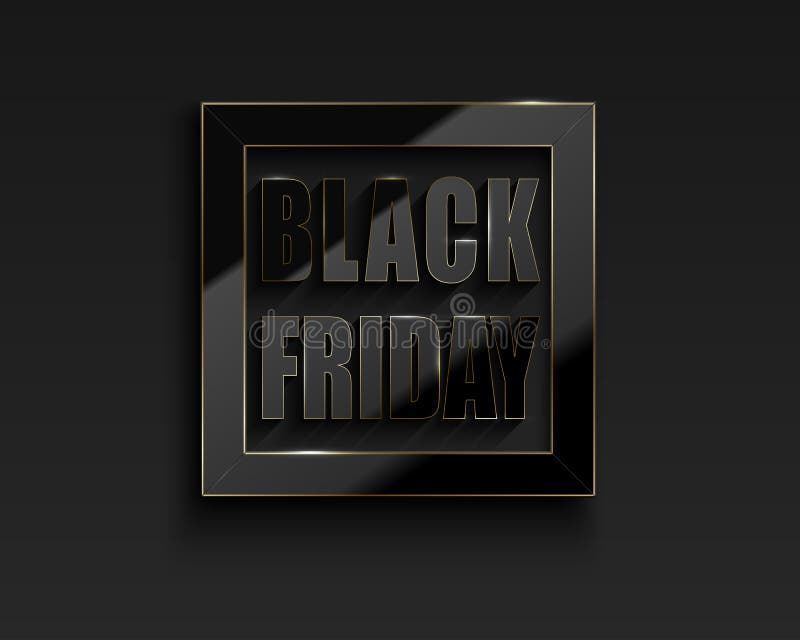 Black Friday Sale vector banner with square glossy black frame with reflection gold moulding edge on dark background. Glass solid