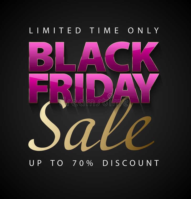 Black Friday Sale vector vertical banner. Glossy pink text with thin golden frame on dark grey background. Limited time only