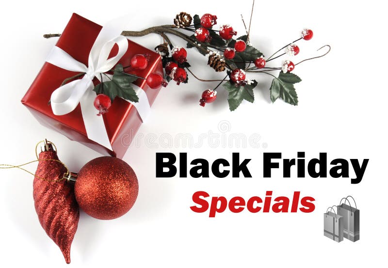 Black Friday Specials sale message greeting with Christmas decorations
