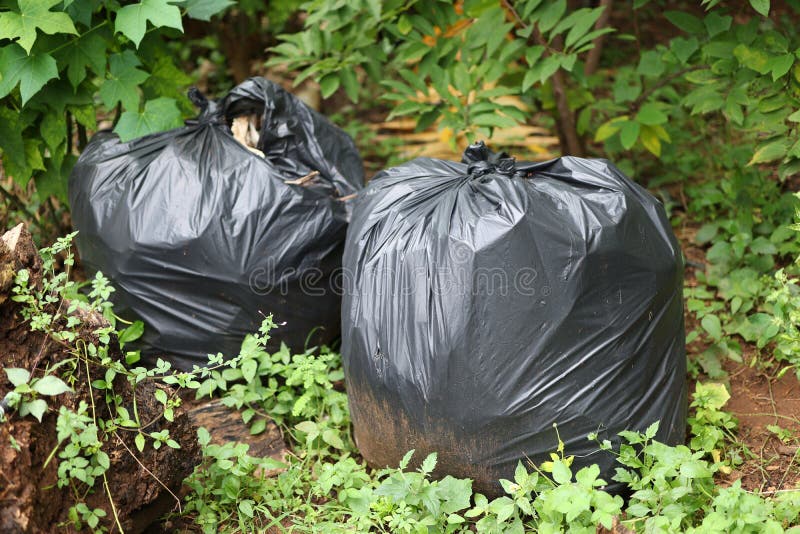 Black Garbage Bags, Plastic Bags are Discarded in the Forest. Stock ...