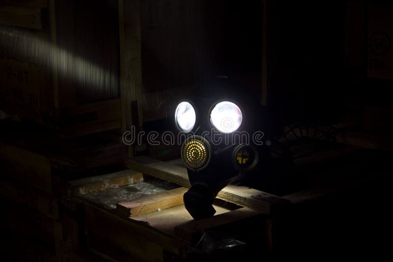 Black Gas Mask in Dark Room with Lantern Inside Stock Photo Image of