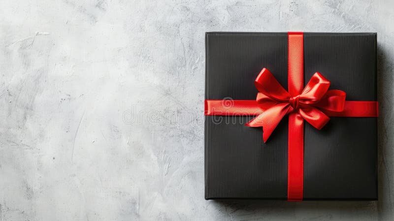 A black gift box adorned with a vibrant red ribbon, set against a bold light background in a top-down view, creating the perfect template for a Black Friday sale banner. AI generated
