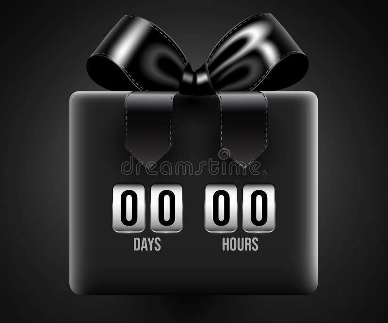Black Gift Box Countdown Timer. Elegant dark design with glossy ribbon and bow. royalty free illustration