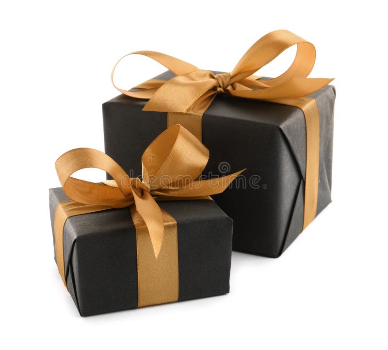 Black Gift Boxes with Golden Bows on White Background Stock Photo