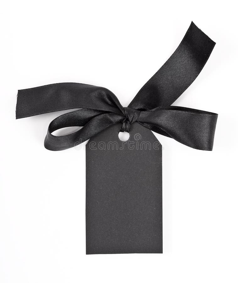 Black Gift Tag Tied With A Bow Of Red Satin Ribbon Stock Photo Image