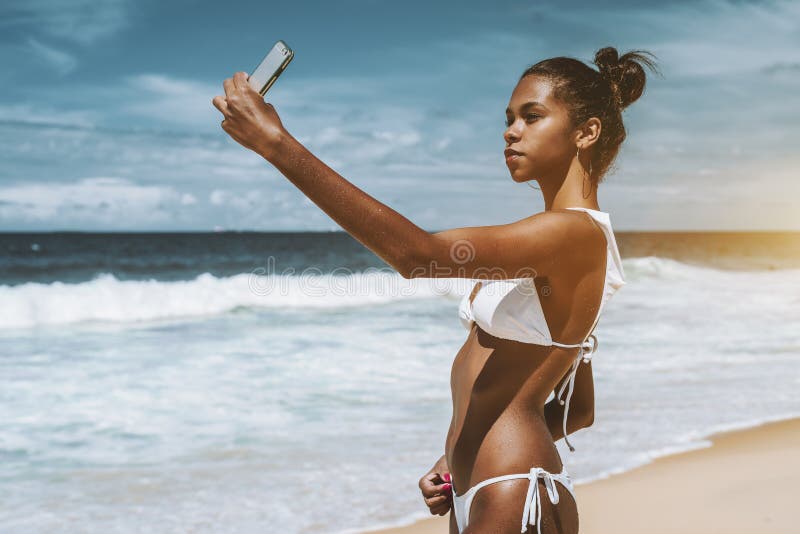 Black Girl on the Beach Taking Selfie Stock Image - Image of beautiful,  african: 111084987