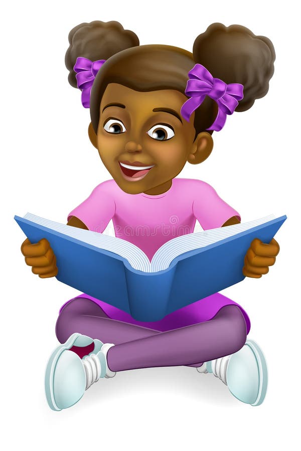 Black Girl Child Cartoon Kid Reading Book