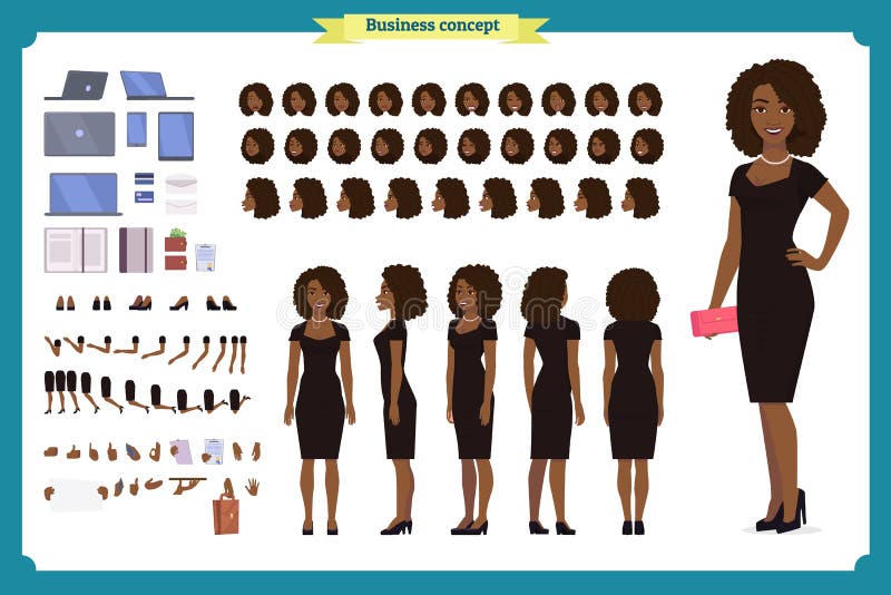Black Girl in evening dress character creation set. Party woman in black trendy luxury gown. Full length, different views vector illustration Black Girl in evening dress character creation set. Party woman in black trendy luxury gown. Full length, different views vector illustration