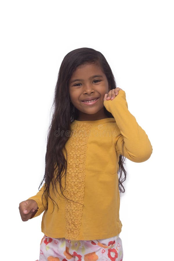 Black girl in yellow shirt playing, photo with white background