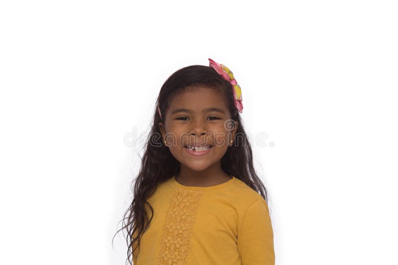 Black girl in yellow shirt playing, photo with white background