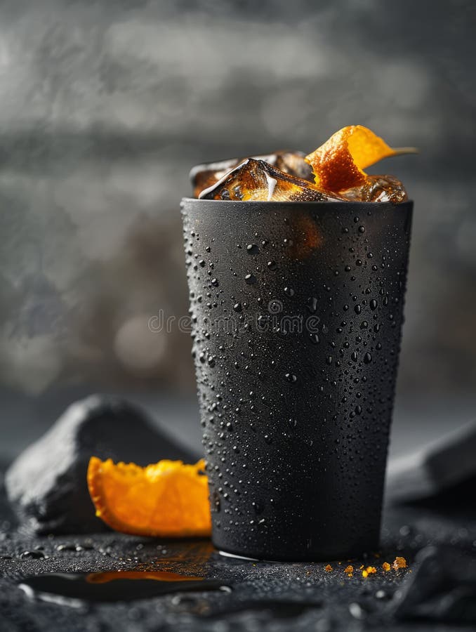 Black glass with ice cubes and orange peel, condensation droplets. stock photos