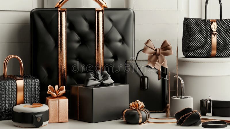 Black and Gold Luxury Gift Boxes and Handbags stock illustration