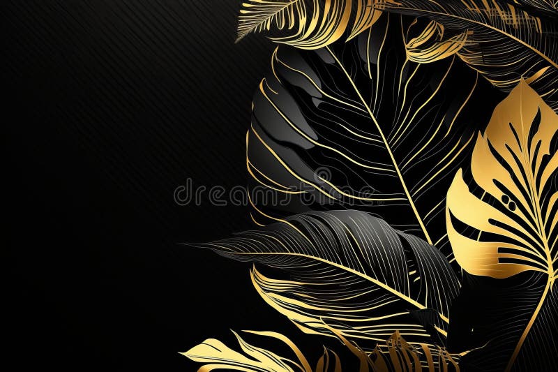 Black and Gold Palm Leaves on Black Background Stock Photo Image of