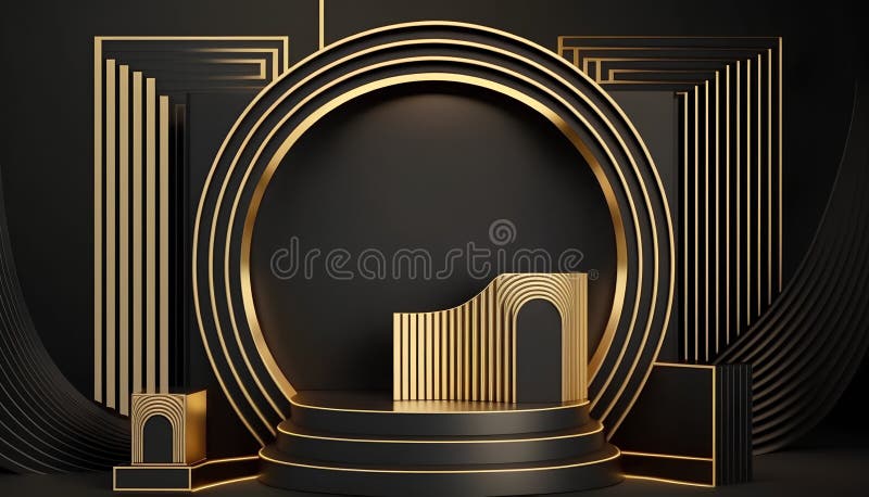 Black and gold podium for product presentation. Abstract background. 3D rendering stock illustration
