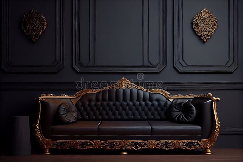 Black Gold Vintage Sofa and Black Designer Wall Generative AI Stock