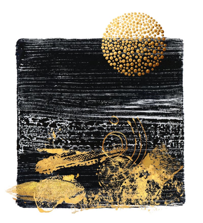 Black, gold and white square. Abstract color acrylic and watercolor painting. Monoprint template. Canvas vintage grunge texture