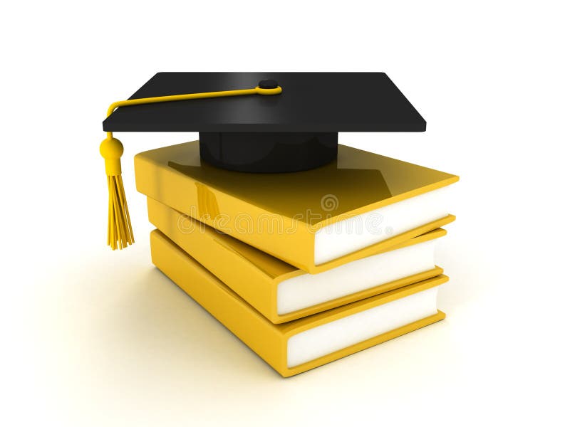 Black graduation cap on pile of books over white royalty free illustration