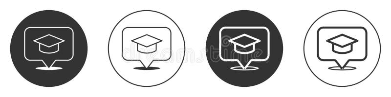 Black Graduation cap in speech bubble icon isolated on white background. Graduation hat with tassel icon. Circle button vector illustration