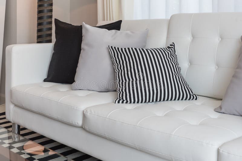 Black and Grey Pillows on Modern White Sofa Stock Photo Image of