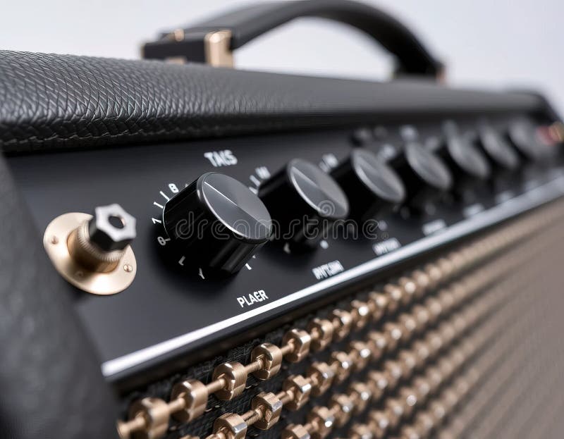 A black guitar amplifier with a black and white label vector illustration.