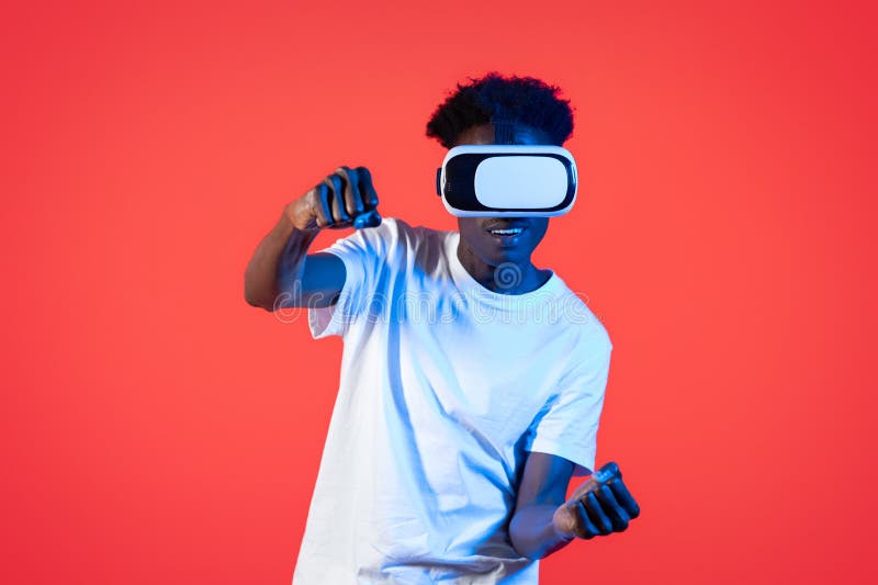 Black Guy Playing Video Games, Using VR Headset Stock Photo Image of