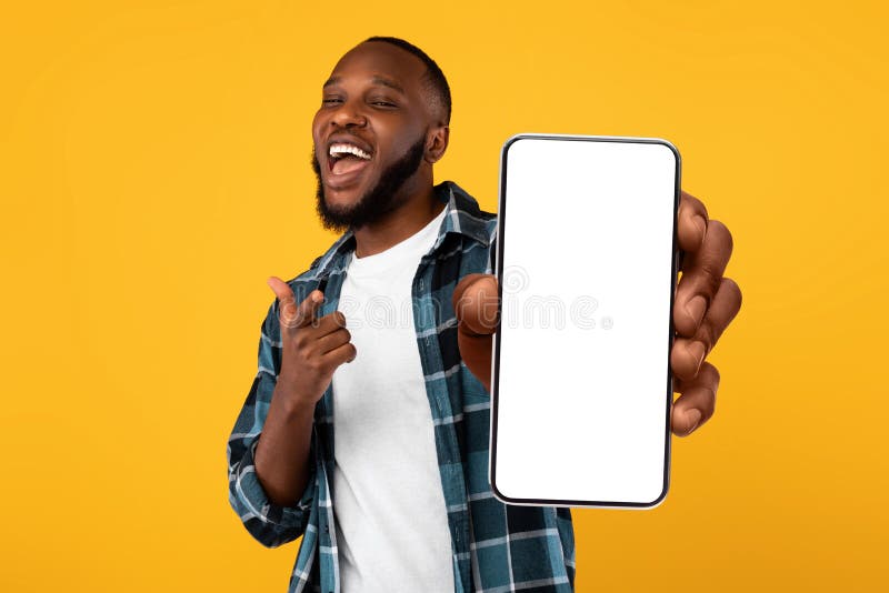 Black guy showing white empty smartphone screen, closeup