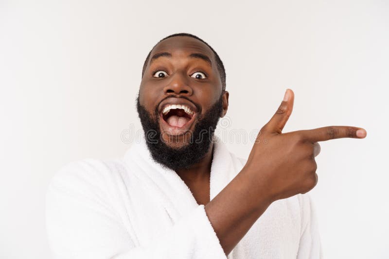 Black Guy Wearing a Bathrobe Pointing Finger with Surprise and Happy ...