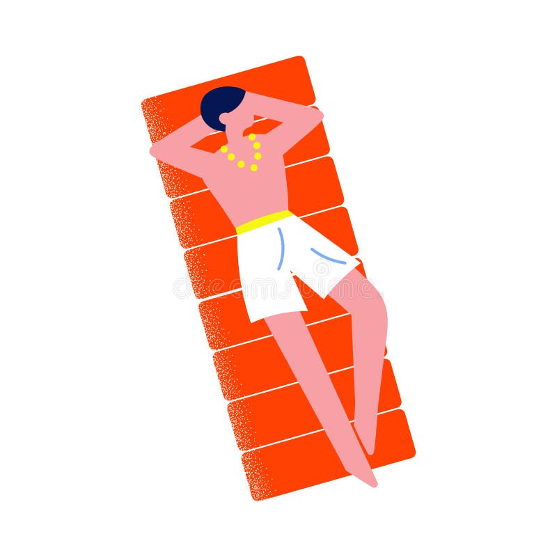 Black-haired man in white shorts resting on the red floating air mattress on a swimming pool. Vector illustration in