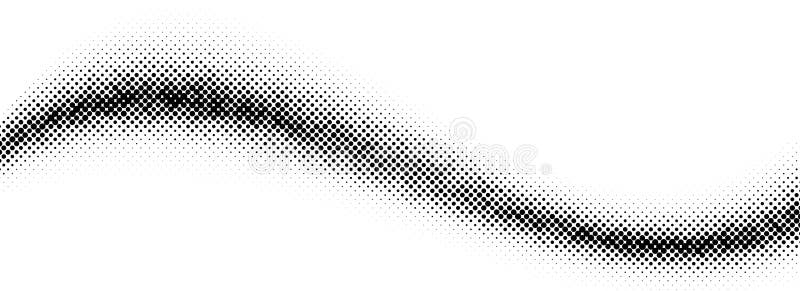 Black halftone wave background. Dotted curved flow wallpaper. Abstract textured grainy fluid backdrop. Grit pop art vector illustration