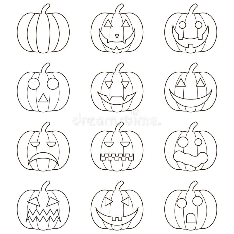 Black halloween logo set of pumpkin. Stiker pack of 4 jack o lanterns. Eps 10 vector halloween logo.