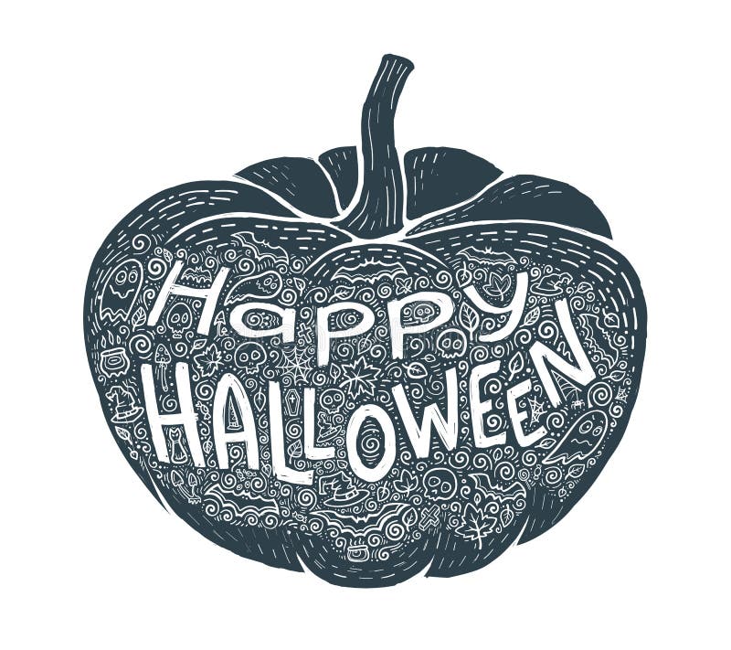 Black hand drawn vector pumpkin silhouette with lettering and doodle halloween symbols inside royalty free illustration