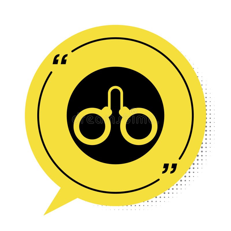 Black Handcuffs icon isolated on white background. Yellow speech bubble symbol. Vector stock illustration