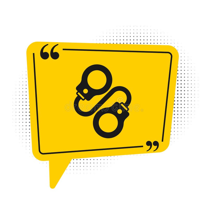 Black Handcuffs icon isolated on white background. Yellow speech bubble symbol. Vector stock illustration