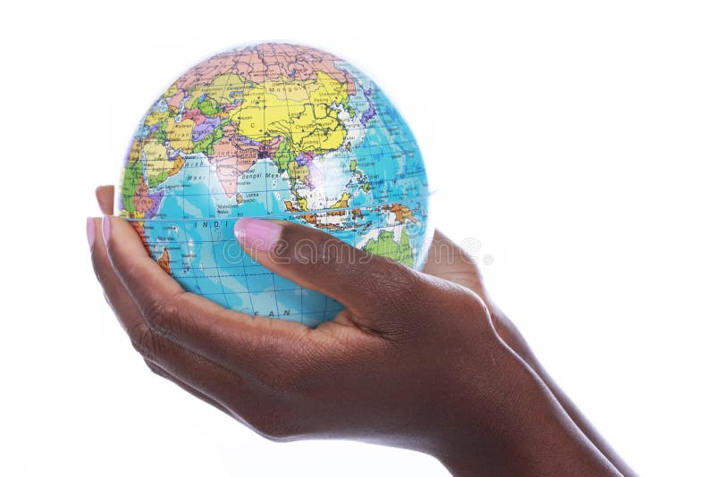 Black hands holding a world globe isolated on white