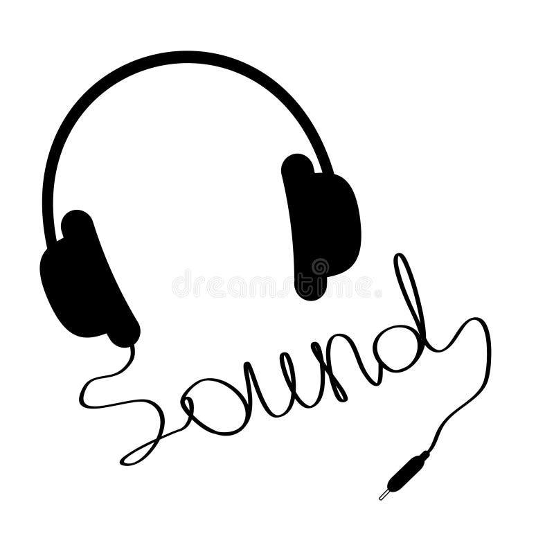 Black Headphones with Cord in Shape of Word Sound. Stock Vector Illustration of cute, full