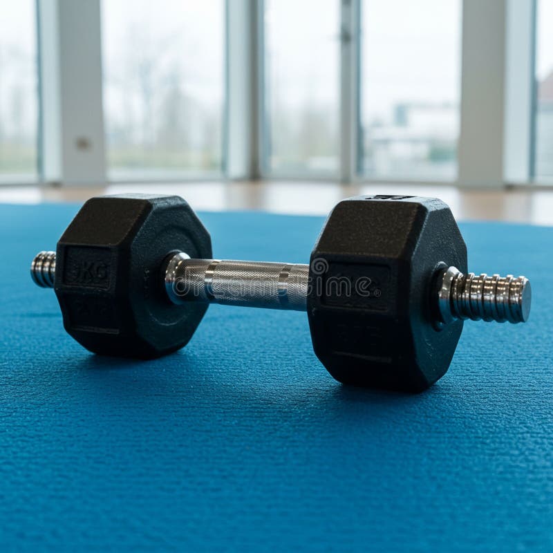 A black hexagonal dumbbell with a metal handle rests on a blue exercise mat. The stock illustration