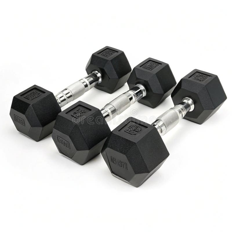 Black hexagonal dumbbells with chromed barbell for gym training vector illustration